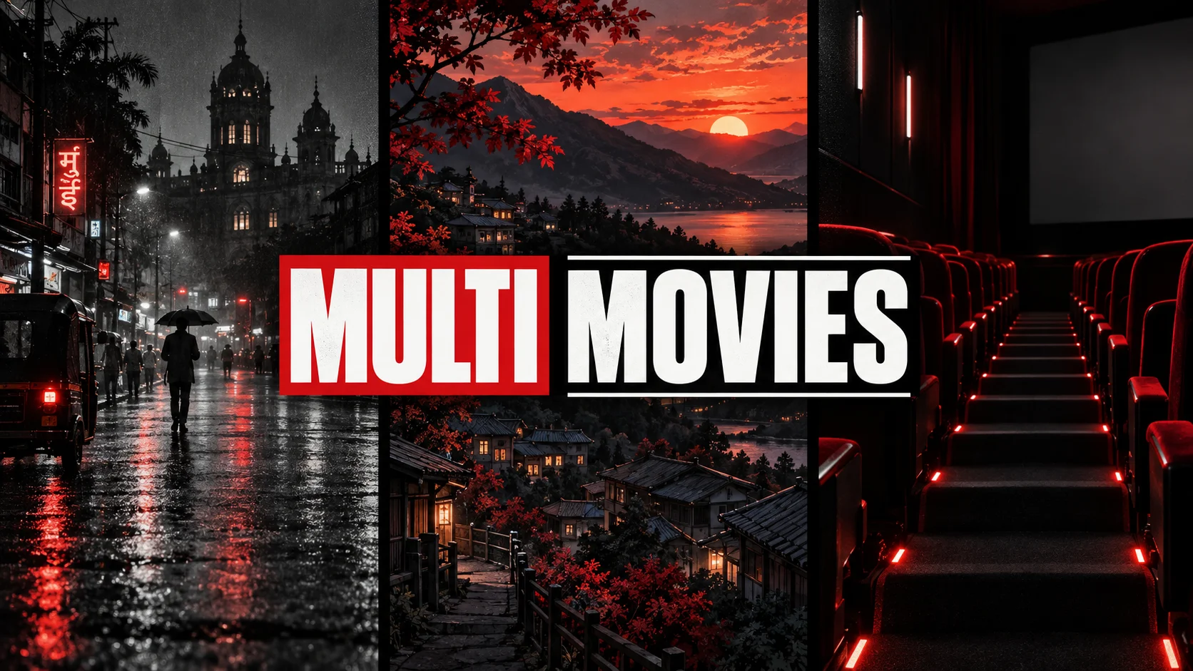 Multi Movies red and white wordmark across an Indian night street, an illustrated landscape and a cinema